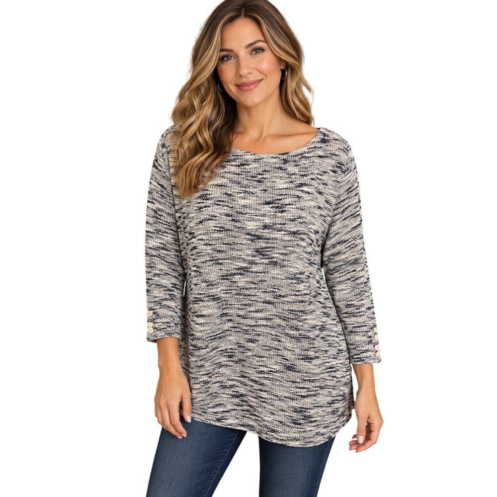 Talbots L navy white heathered tunic heavy weight sweater career casual EUC